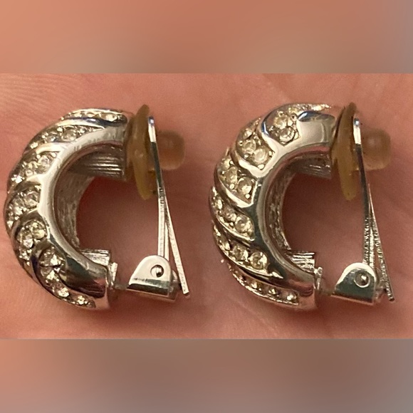 CHRISTIAN DIOR Vintage Silver Crystal Huggie Hoop Clip-On Earrings - Picture 8 of 9